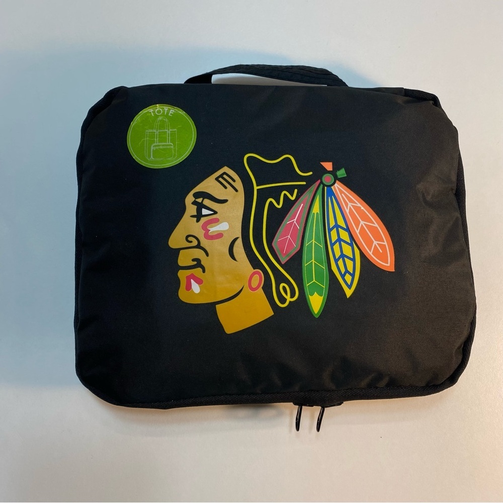 Chicago Blackhawks NHL‎ Black Reusable Collapsible Tote Grocery Bag Pocket